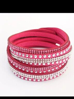 🆕️ FUSHIA PINK WITH RHINESTONES & SILVER STUDS WRAP BRACELET